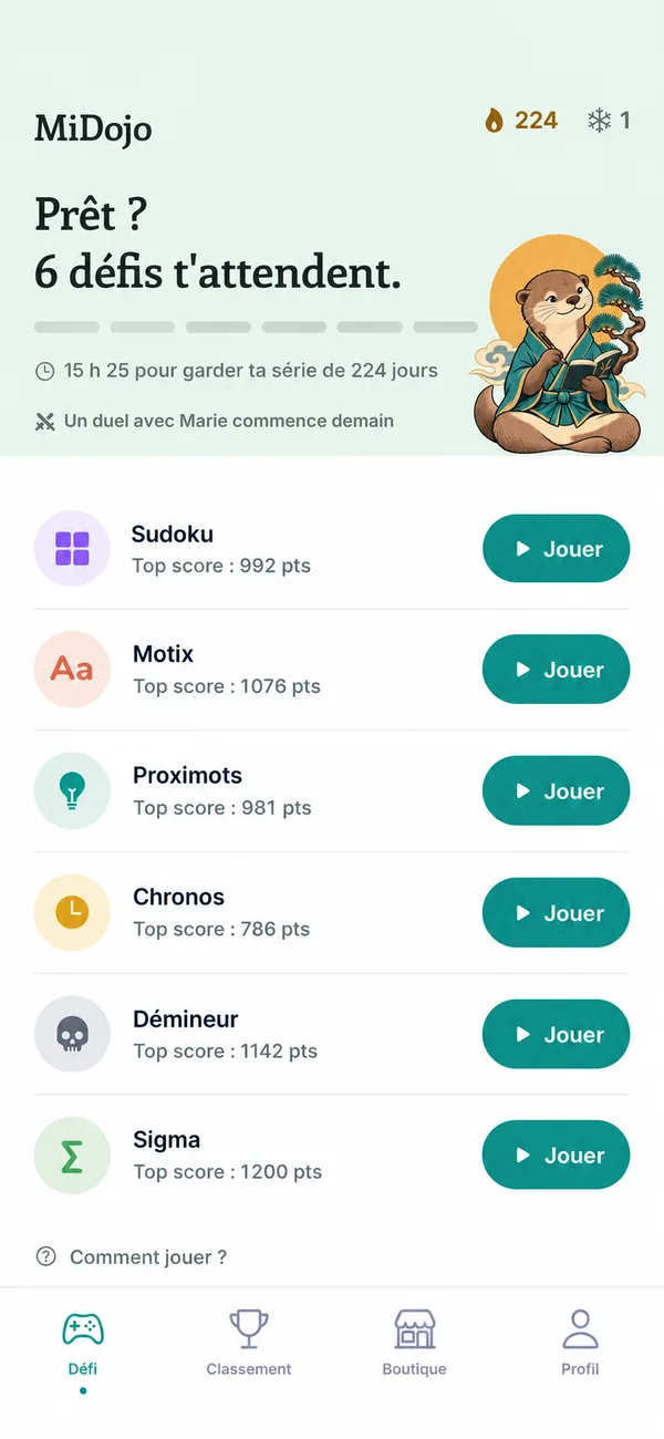 Écran Défi : « Prêt ? 6 défis t'attendent », la série de 224 jours et la liste des 6 jeux
