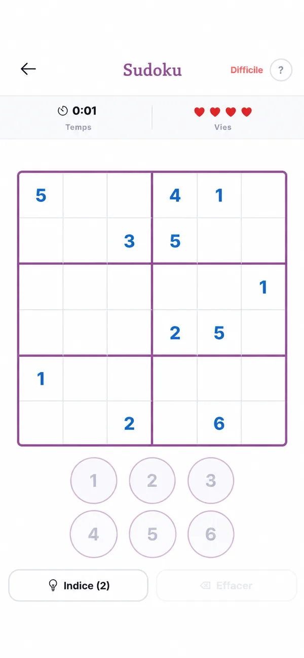 Une grille de Sudoku 6×6 en cours, avec le chronomètre et les vies